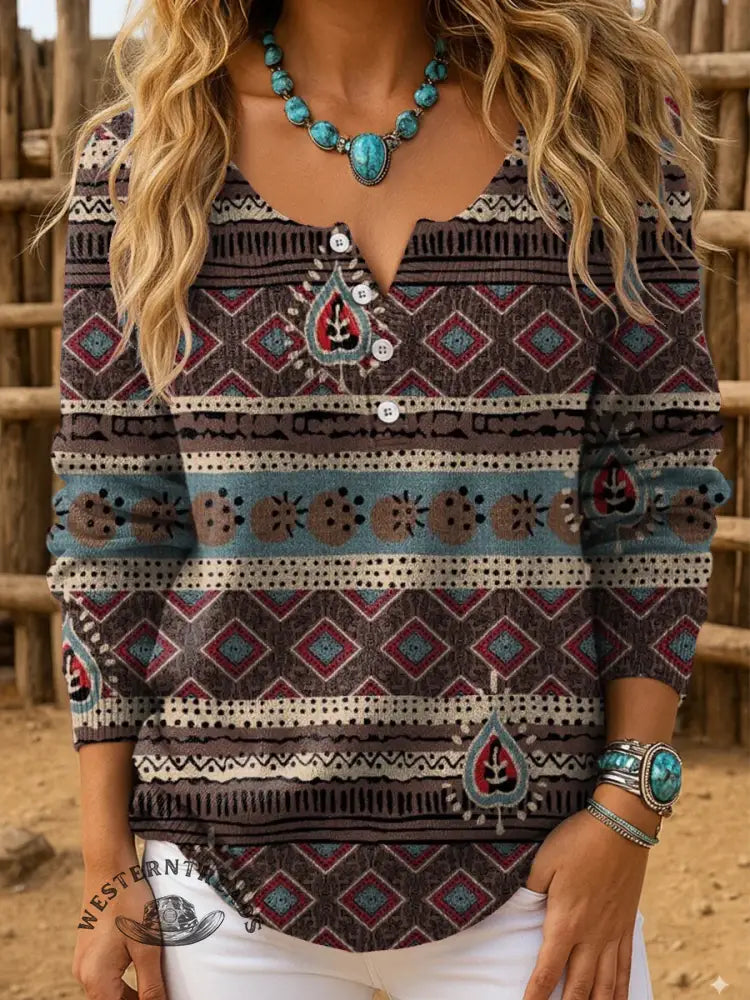 Retro Art Pattern Print Buttoned Cardigan Sweater