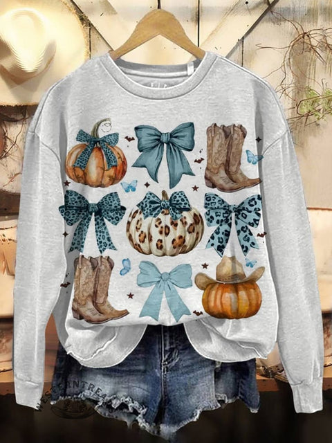 Pumpkin Western Cowboy Print Casual Cotton Sweatshirt