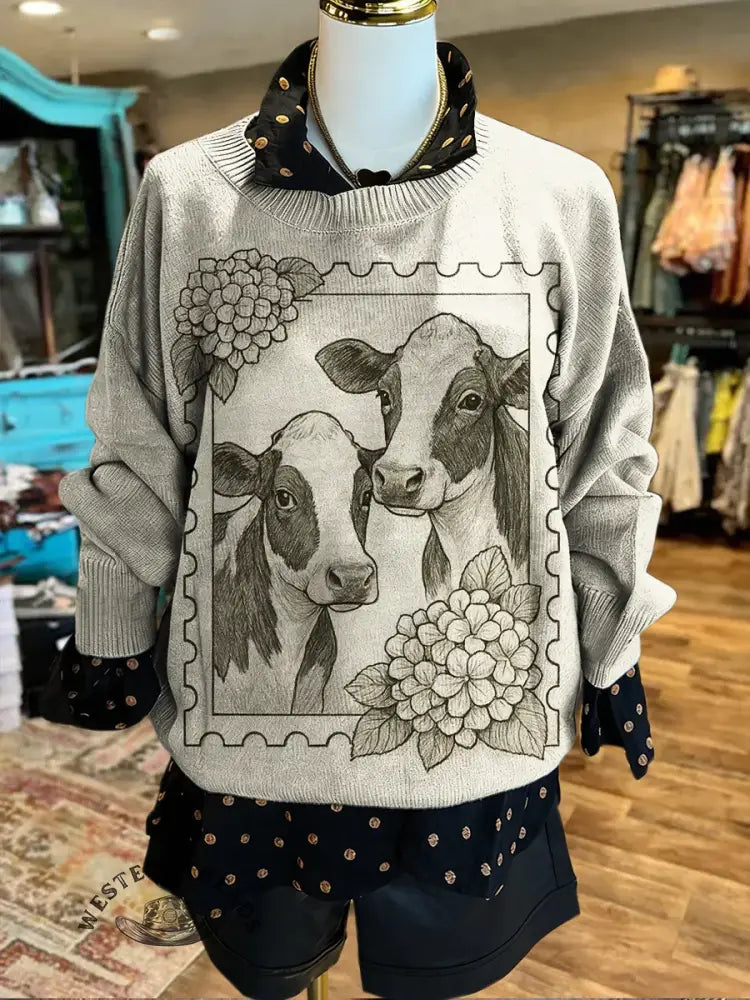 Vintage Cow Art Print Casual Sweater