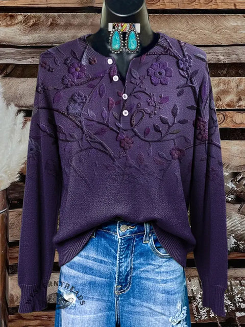 Simple Floral Art Print Buttoned Cardigan Sweater