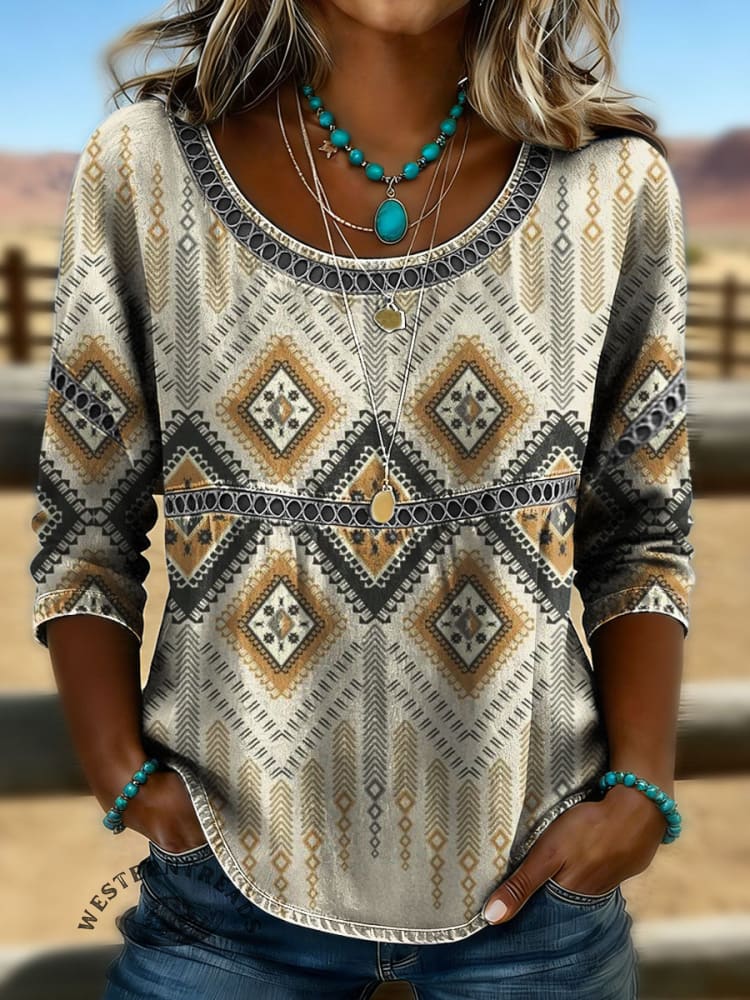 Women's Vintage Aztec Print Casual Hollow Denim Shirt