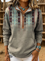 Retro Aztec Print Casual Half-zip Cotton Sweatshirt