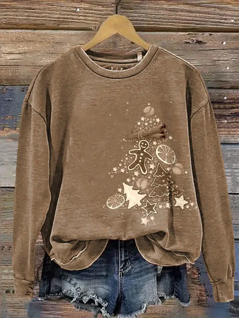 Gingerbread Man Christmas Tree Print Casual Cotton Sweatshirt