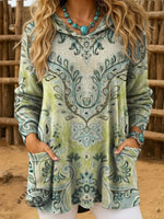 Vintage Art Print Casual Knitted Pocket Hooded Tunic Top