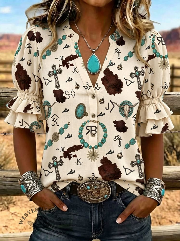 Women's Cow Brand West Art Print Puff Sleeve Casual Shirt