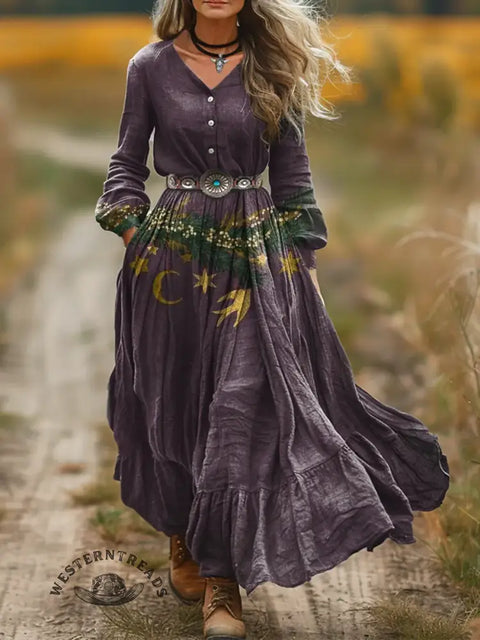 Women's Christmas Print V-Neck Button Pocket Cotton Dress