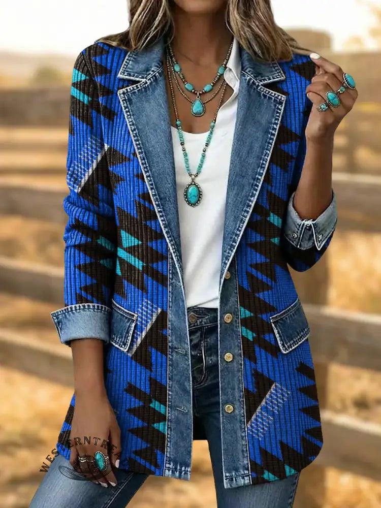 Retro Aztec Print Patchwork Denim Sweater Cardigan Coat