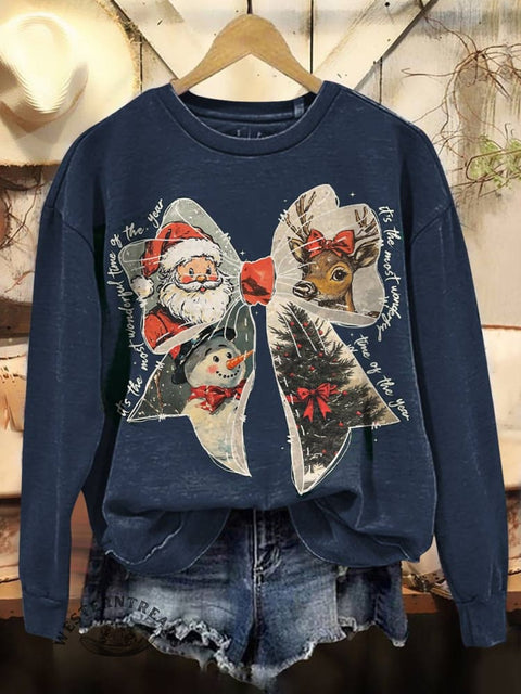 Christmas Coquette Bow Print Casual Cotton Sweatshirt