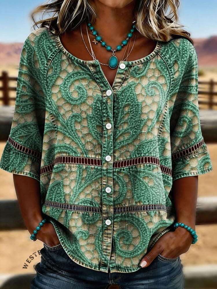 Vintage Floral Print Casual Hollow-out Denim Shirt