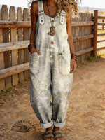 Women's Floral Print Casual Denim Jumpsuit With Adjustable Buckle