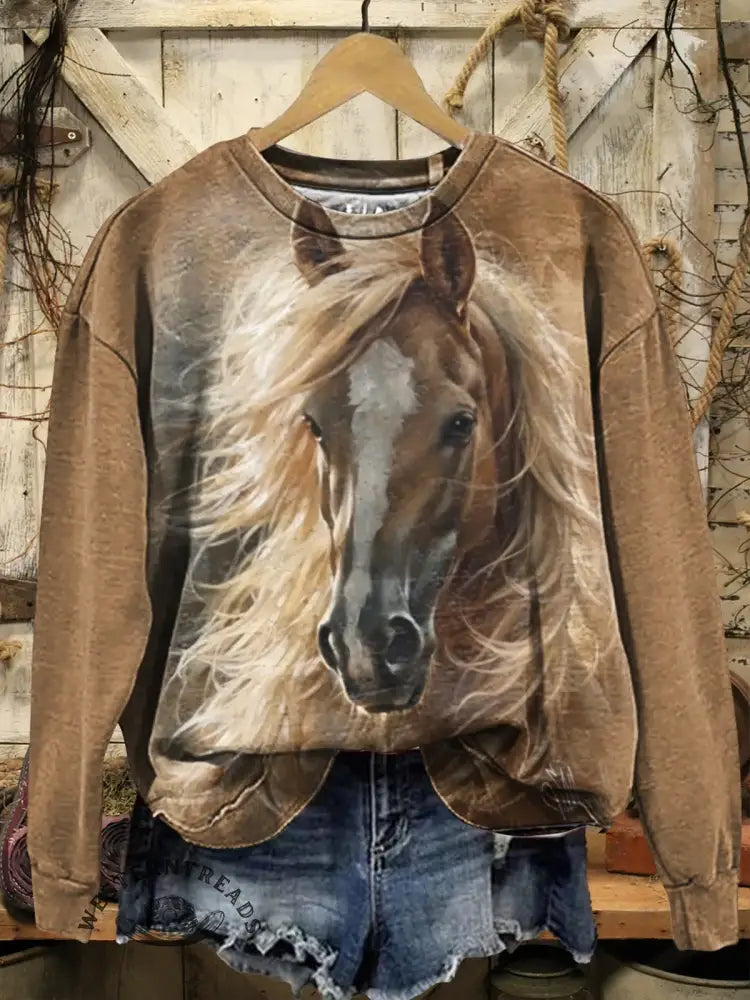 Horse Art Print Casual Sweatshirt