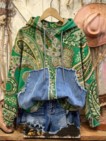 Retro Print Casual Cotton Patchwork Hooded Zip-up Sweatshirt