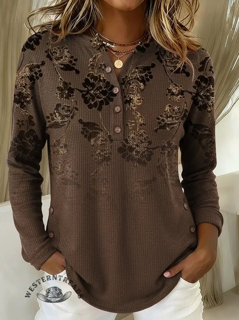 Women's Retro Floral Print Casual Cotton Shirt