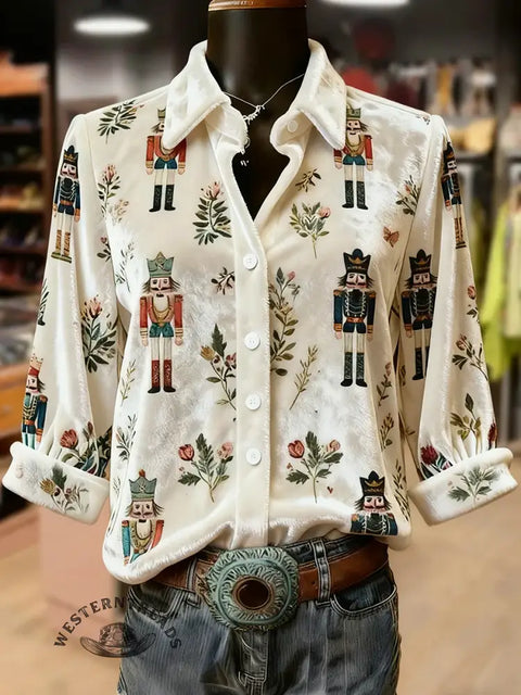 Retro Ethnic Christmas Print Collared Velvet Top