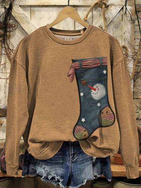 Christmas Art Print Casual Cotton Sweatshirt