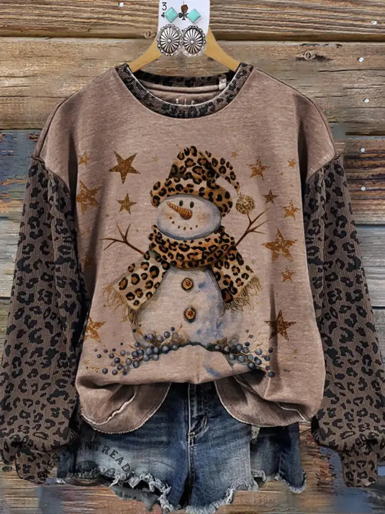 Vintage Contrast Print Leopard Print Christmas Sweatshirt