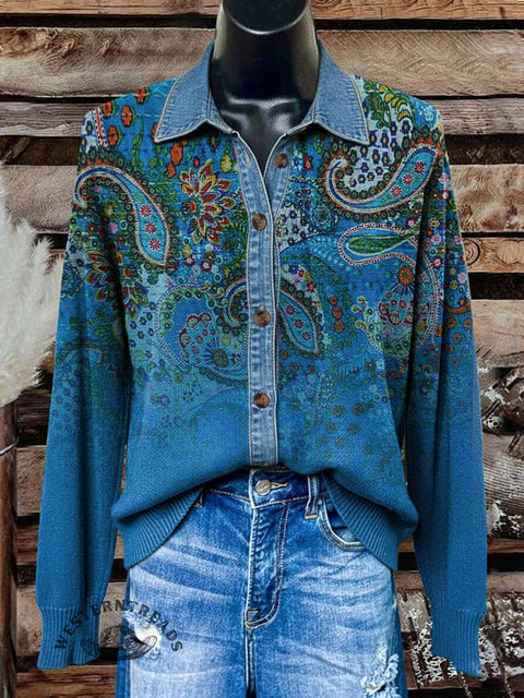 Denim Paisley Polo Collar Button Cardigan Sweater