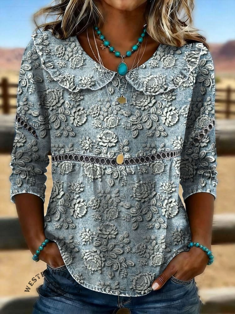 Women's Vintage Print Casual 3/4 Sleeves Hollow Denim Shirt