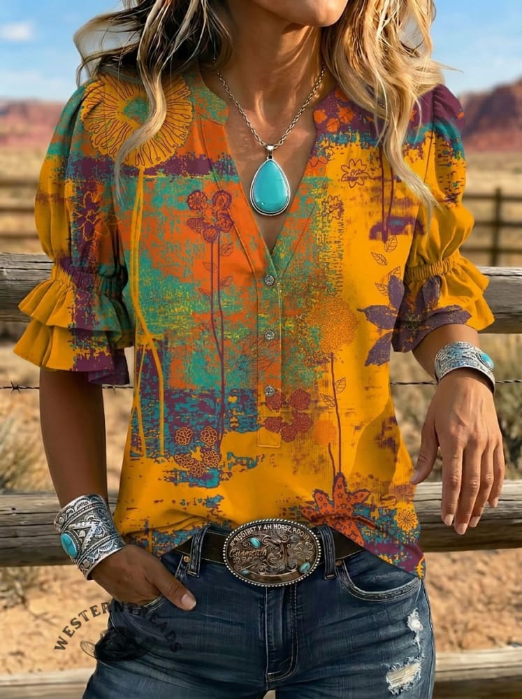 Women's Retro Art Puff Sleeve Casual Shirt