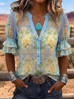 Vintage Art Print Comfortable Summer Fabrics Puff Sleeve Casual Shirt