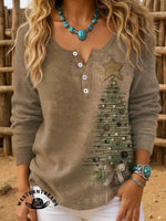 Vintage Christmas Print Casual Knitted Hoodie Sweater