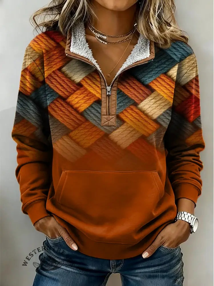 Retro Knitted Pattern Print Casual Half-zip Cotton Patchwork Sweatshirt