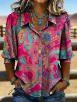 Women's Paisley Print Casual Puff Sleeve Denim Shirt