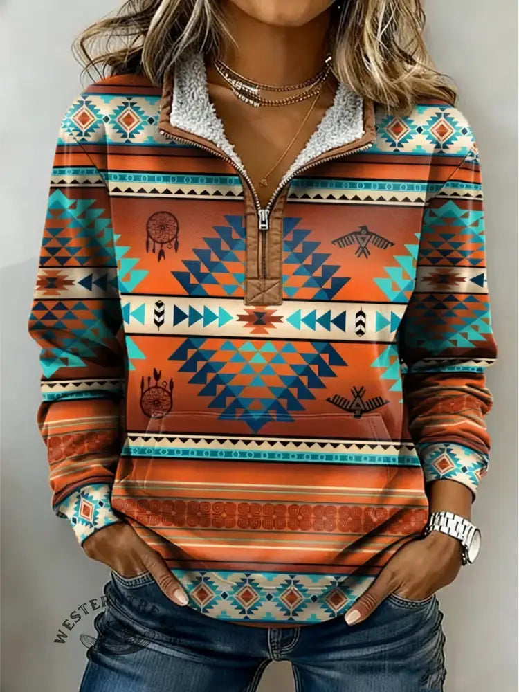 Retro Aztec Print Casual Half-zip Cotton Sweatshirt