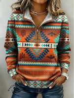 Retro Aztec Print Casual Half-zip Cotton Sweatshirt