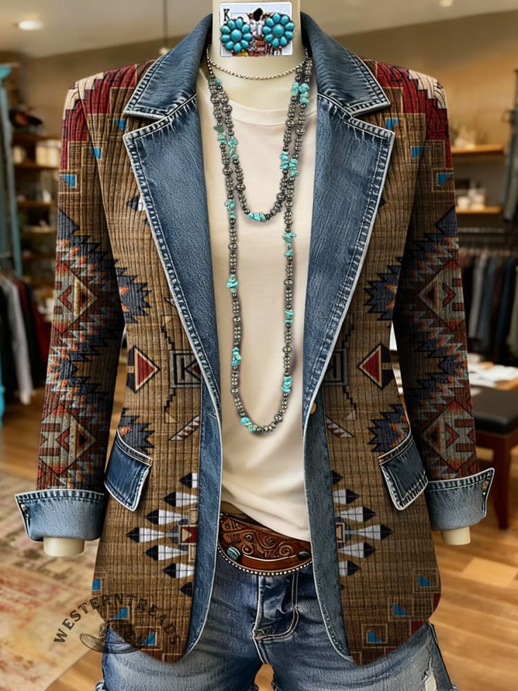 Retro Aztec Print Patchwork Denim Sweater Cardigan Coat