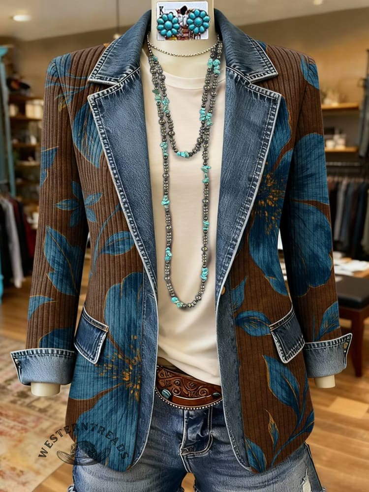 Retro Floral Print Patchwork Denim Sweater