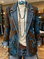 Retro Floral Print Patchwork Denim Sweater