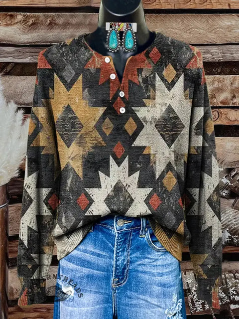 Retro Print Buttoned Cardigan Sweater
