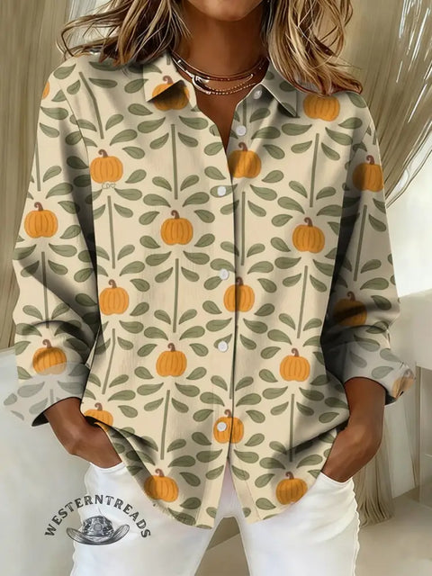Women's Pumpkin Floral Print Casual Cotton Shirt
