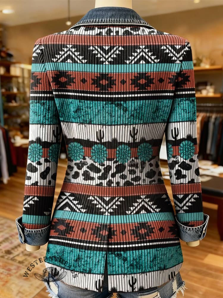 West Print Patchwork Denim Sweater