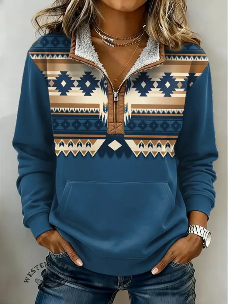 Ethnic Pattern Print Casual Half-zip Cotton Sweatshirt