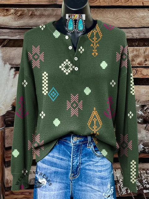 Simple Aztec Art Print Buttoned Cardigan Sweater