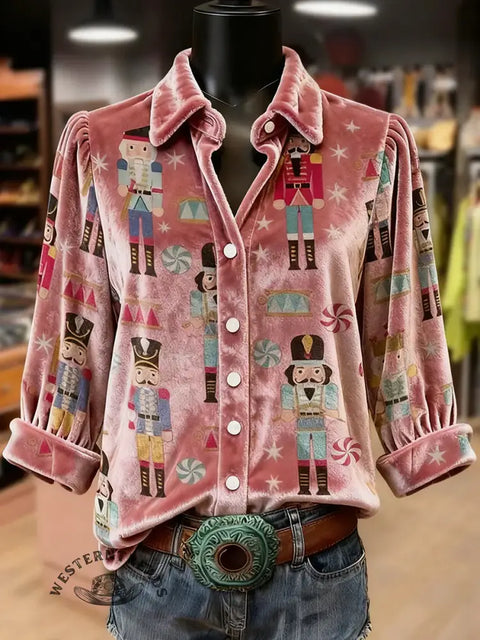 Retro Ethnic Christmas Print Collared Velvet Top