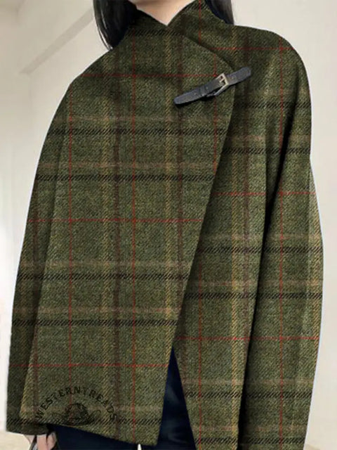 Checkered Print Buckle Long-Sleeved Cardigan Coat