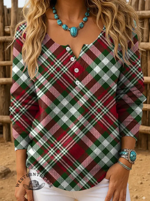 Retro Christmas color plaid Print Buttoned Cardigan Sweater
