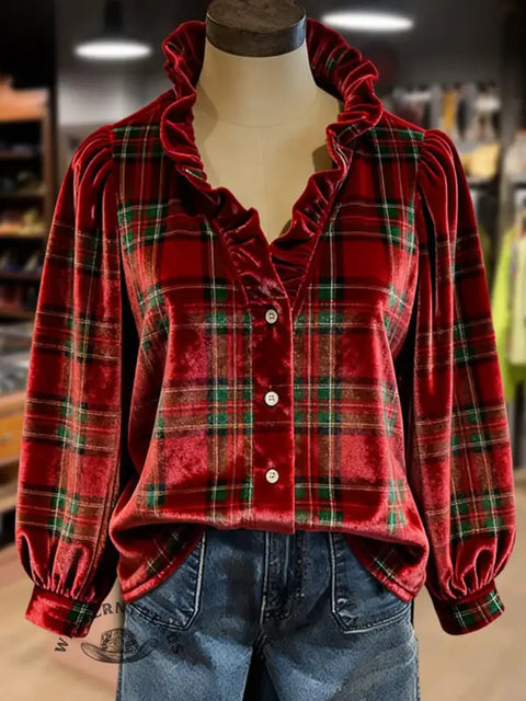 Retro Ethnic Christmas Print Collared Velvet Top