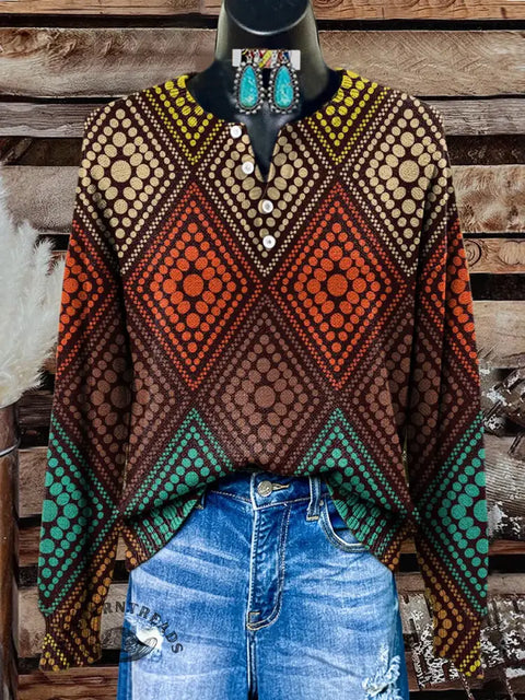 Retro Colorful Diamond Print Buttoned Cardigan Sweater
