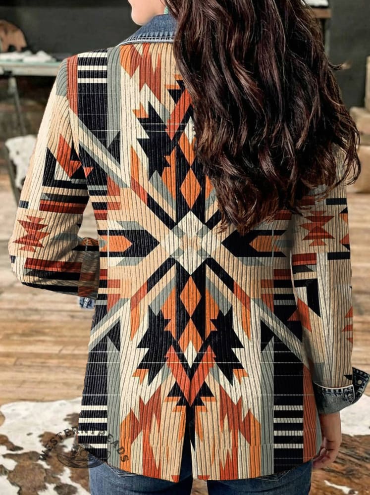 Aztec Print Patchwork Denim Sweater