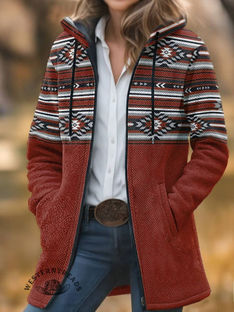 Aztec Print Unisex Plush Thick Long-sleeved Cardigan Coat