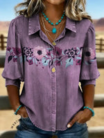 Vintage Flower Print Casual Cotton Shirt