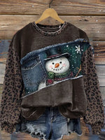 Vintage Snowman Denim Leopard Print Christmas Sweatshirt