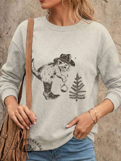 Christmas Western Cat Print Casual Cotton Sweatshirt
