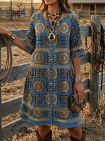 Vintage Print Casual Hollow-out Denim Dress