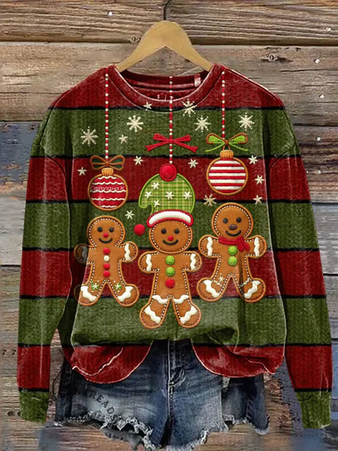 Christmas-themed Striped Gingerbread Man Casual Cotton Sweatshirt