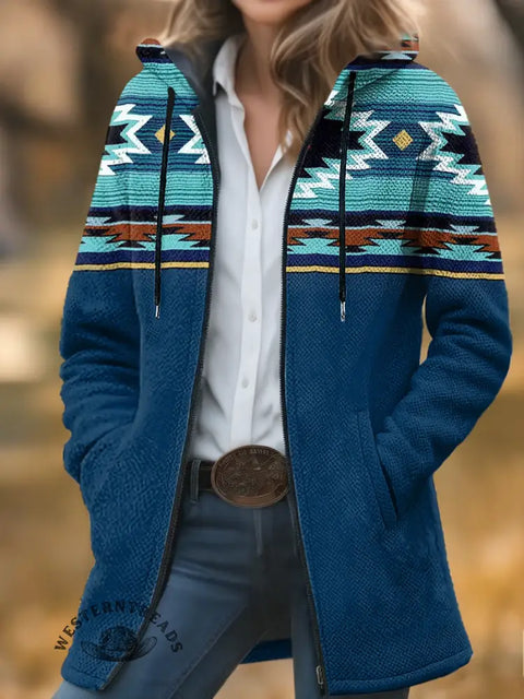 Aztec Print Unisex Plush Thick Long-Sleeved Cardigan Coat